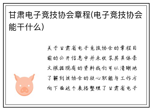 甘肃电子竞技协会章程(电子竞技协会能干什么)